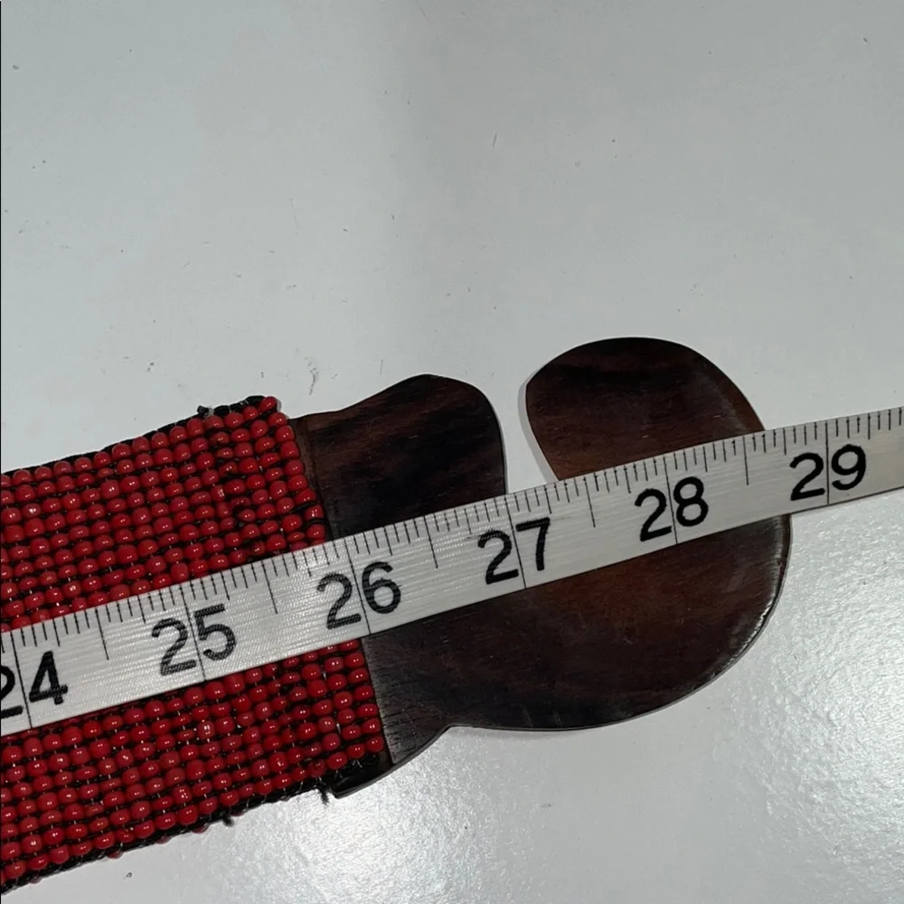 Boho Cowgirl Red Beaded Stretch Belt Wood Buckle Wide Artisan Small Southwest